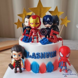 Avengers superhero theme custom birthday cake with Iron Man, Captain America, Spider-Man figures and personalized name in Puchong Selangor by The Cake Alchemy