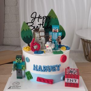 Minecraft theme custom birthday cake with character figures, TNT block decoration and personalized name in Puchong Selangor by The Cake Alchemy