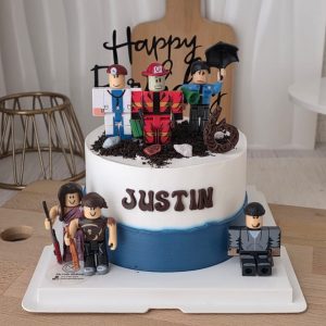 Roblox theme custom birthday cake with gaming character figures and personalized name in Puchong Selangor by The Cake Alchemy