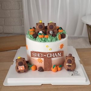 Cute capybara theme custom birthday cake with handcrafted animal toppers and woodland decorations in Puchong Selangor by The Cake Alchemy