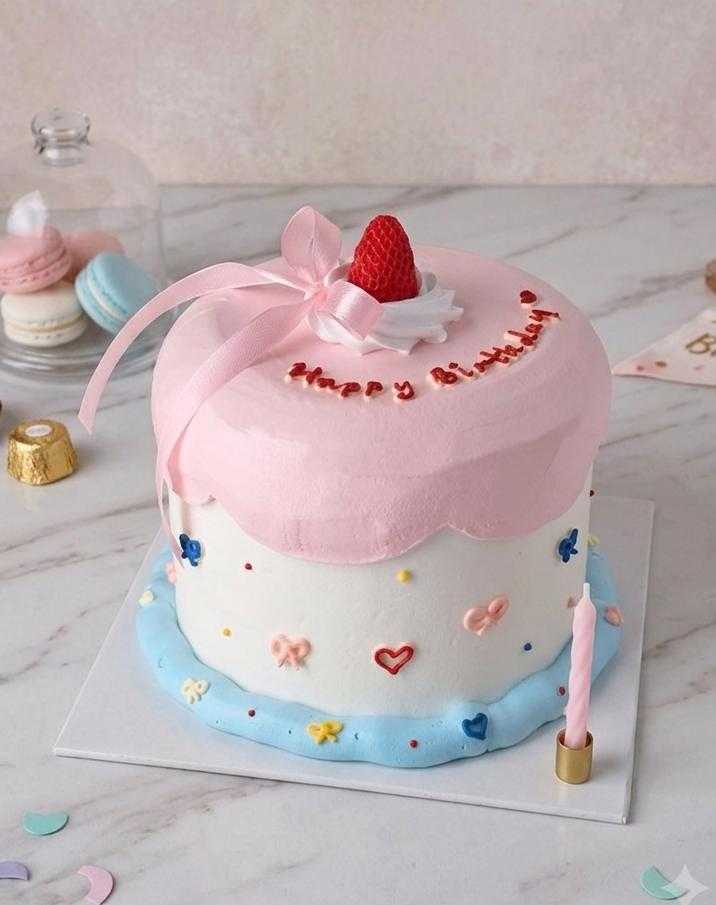 Minimalist pink strawberry birthday cake with handcrafted chocolate strawberry topper, satin ribbon, and Korean aesthetic decorations by The Cake Alchemy in Puchong Selangor Malaysia.