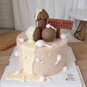 Funny adult birthday cake with cheeky 3D decorations, cream drip design, and humorous message plaque by The Cake Alchemy